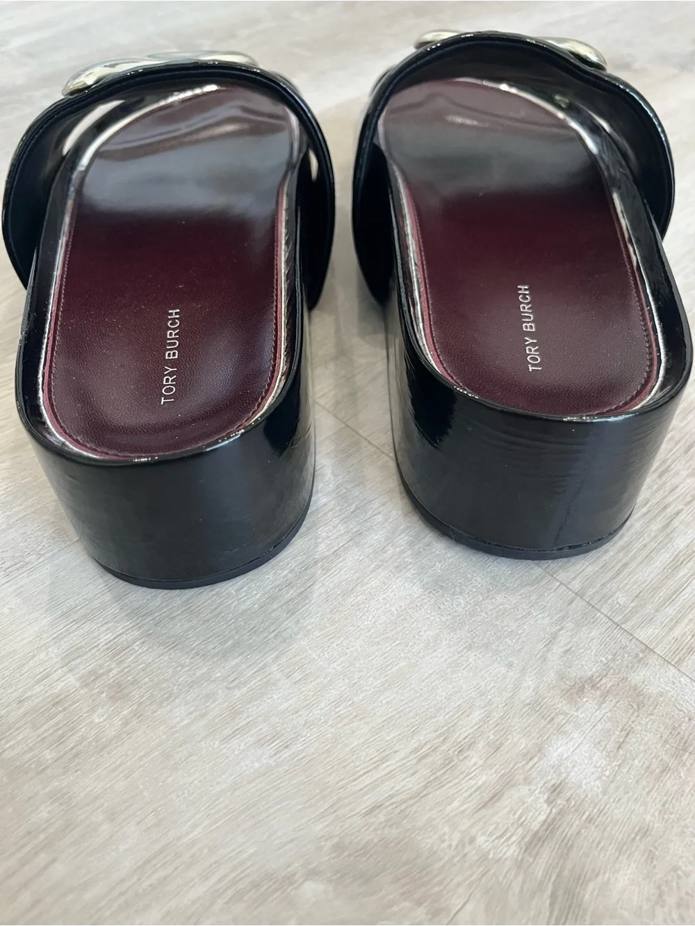Tory Burch Patos Platform Slide Sandals Black Patent 9 New NWOB Modern Luxury